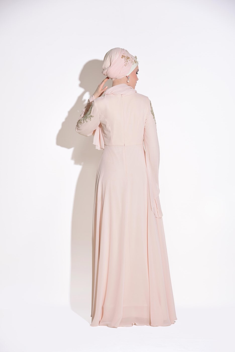 Tesettür giyim PUDRA SIRMA İŞLEMELİ MULTİ ŞİFON ABİYE ELBİSE 5365 