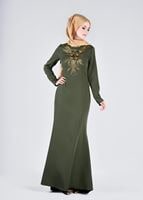 Tesettür giyim HAKİ SIRMA İŞLEMELİ KOLLARI DÜĞMELİ ABİYE ELBİSE 5372