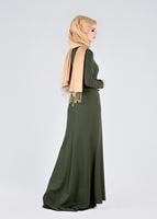 Tesettür giyim HAKİ SIRMA İŞLEMELİ KOLLARI DÜĞMELİ ABİYE ELBİSE 5372