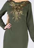 Tesettür giyim HAKİ SIRMA İŞLEMELİ KOLLARI DÜĞMELİ ABİYE ELBİSE 5372