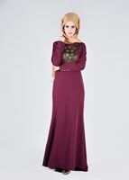 Tesettür giyim FUŞYA SIRMA İŞLEMELİ KOLLARI DÜĞMELİ ABİYE ELBİSE 5372