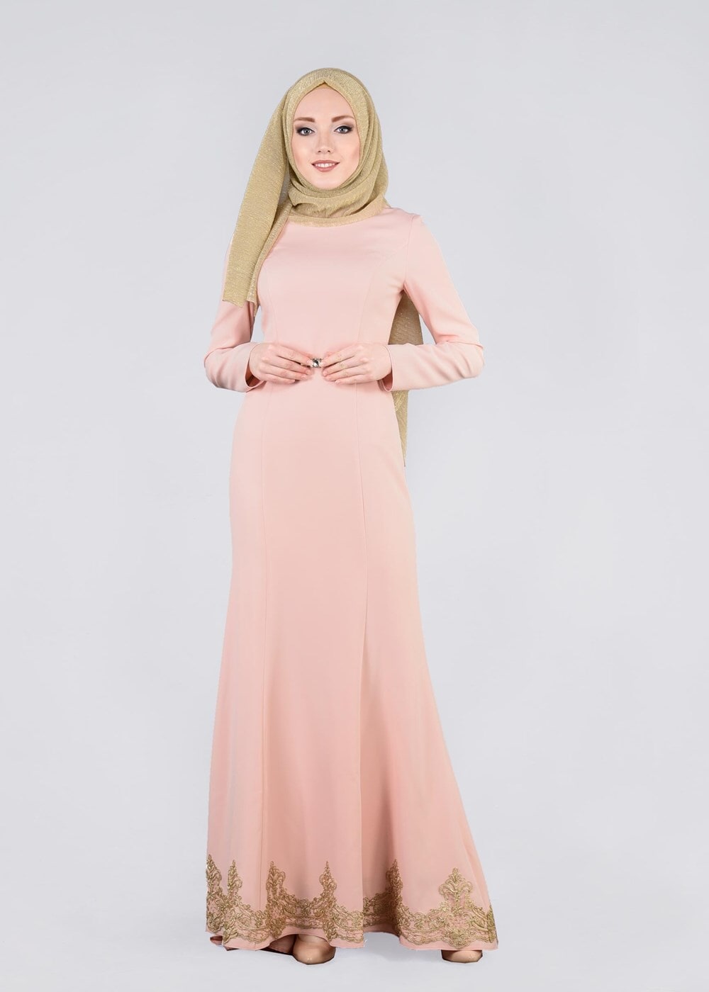 Tesettür giyim PUDRA ETEK UCU GÜPÜR DETAYLI KEMERLİ ABİYE ELBİSE  5373 