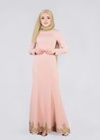 Tesettür giyim PUDRA ETEK UCU GÜPÜR DETAYLI KEMERLİ ABİYE ELBİSE  5373 