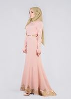 Tesettür giyim PUDRA ETEK UCU GÜPÜR DETAYLI KEMERLİ ABİYE ELBİSE  5373 