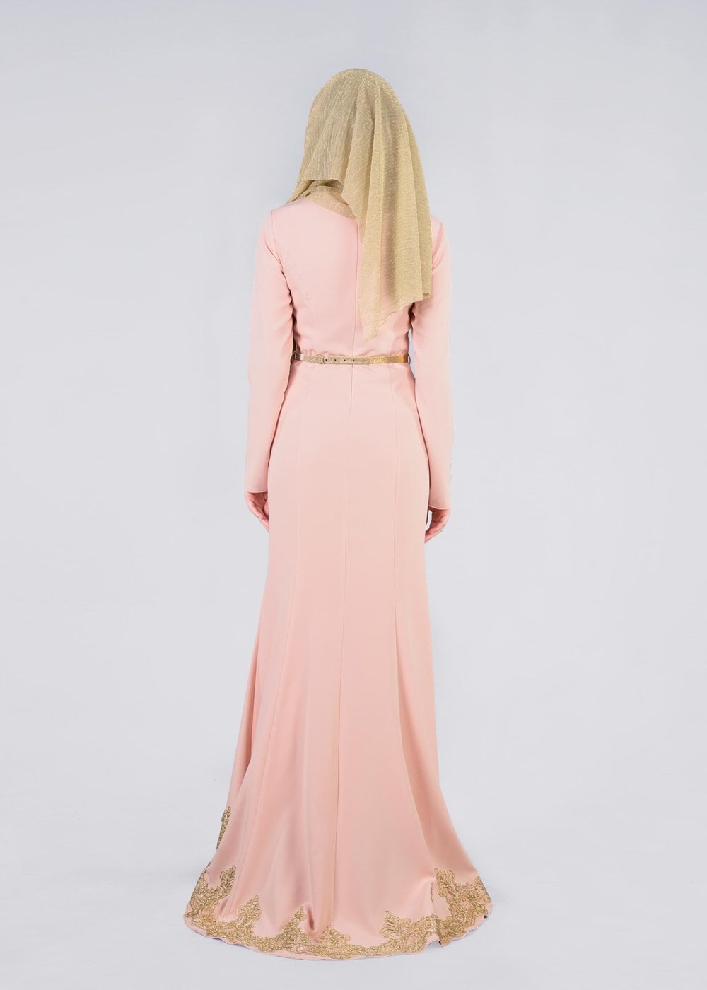 Tesettür giyim PUDRA ETEK UCU GÜPÜR DETAYLI KEMERLİ ABİYE ELBİSE  5373 