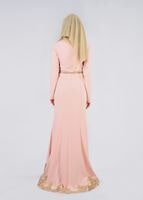 Tesettür giyim PUDRA ETEK UCU GÜPÜR DETAYLI KEMERLİ ABİYE ELBİSE  5373 