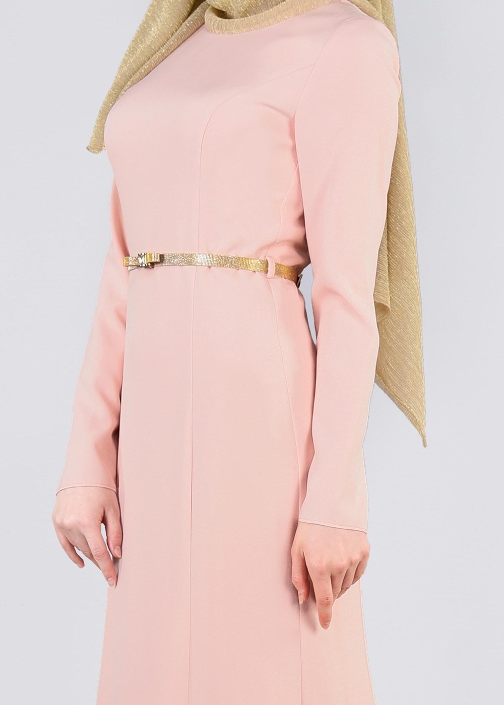 Tesettür giyim PUDRA ETEK UCU GÜPÜR DETAYLI KEMERLİ ABİYE ELBİSE  5373 