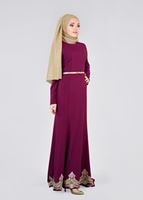 Tesettür giyim MOR ETEK UCU GÜPÜR DETAYLI KEMERLİ ABİYE ELBİSE  5373 