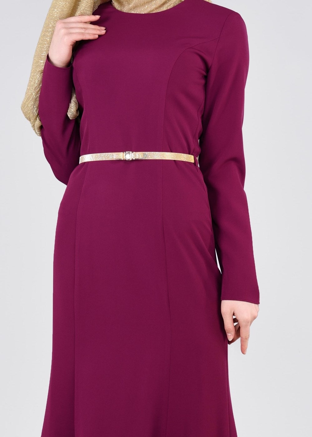 Tesettür giyim MOR ETEK UCU GÜPÜR DETAYLI KEMERLİ ABİYE ELBİSE  5373 