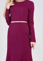 Tesettür giyim MOR ETEK UCU GÜPÜR DETAYLI KEMERLİ ABİYE ELBİSE  5373 