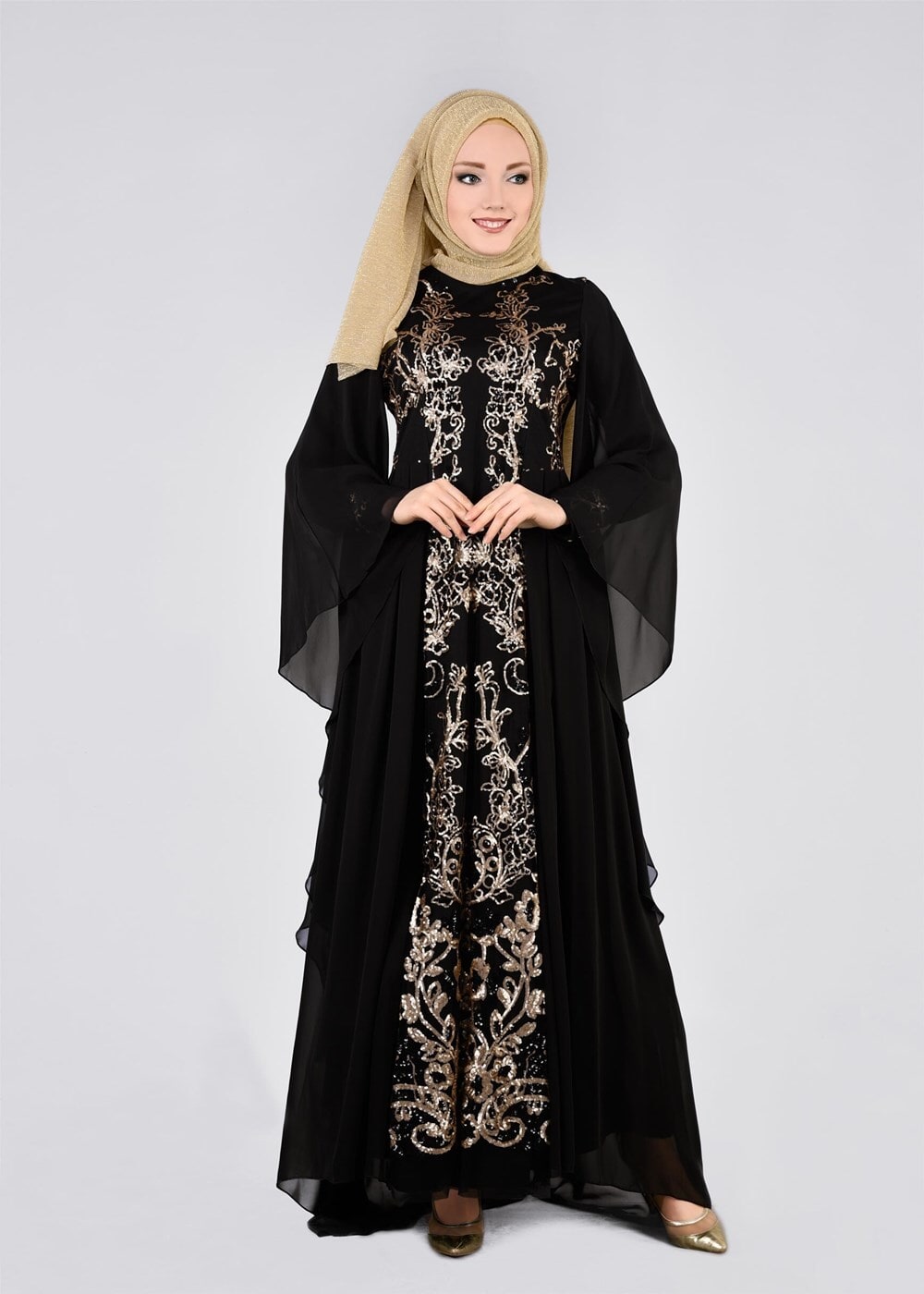 Tesettür giyim SİYAH SIRMA İŞLEMELİ MULTİ ŞİFON ABİYE ELBİSE 5384 