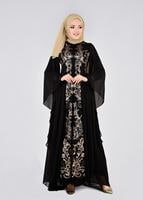 Tesettür giyim SİYAH SIRMA İŞLEMELİ MULTİ ŞİFON ABİYE ELBİSE 5384 