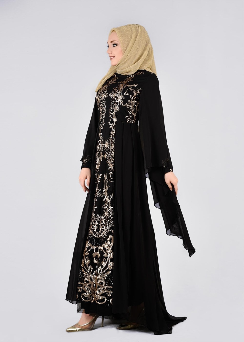 Tesettür giyim SİYAH SIRMA İŞLEMELİ MULTİ ŞİFON ABİYE ELBİSE 5384 