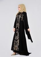 Tesettür giyim SİYAH SIRMA İŞLEMELİ MULTİ ŞİFON ABİYE ELBİSE 5384 