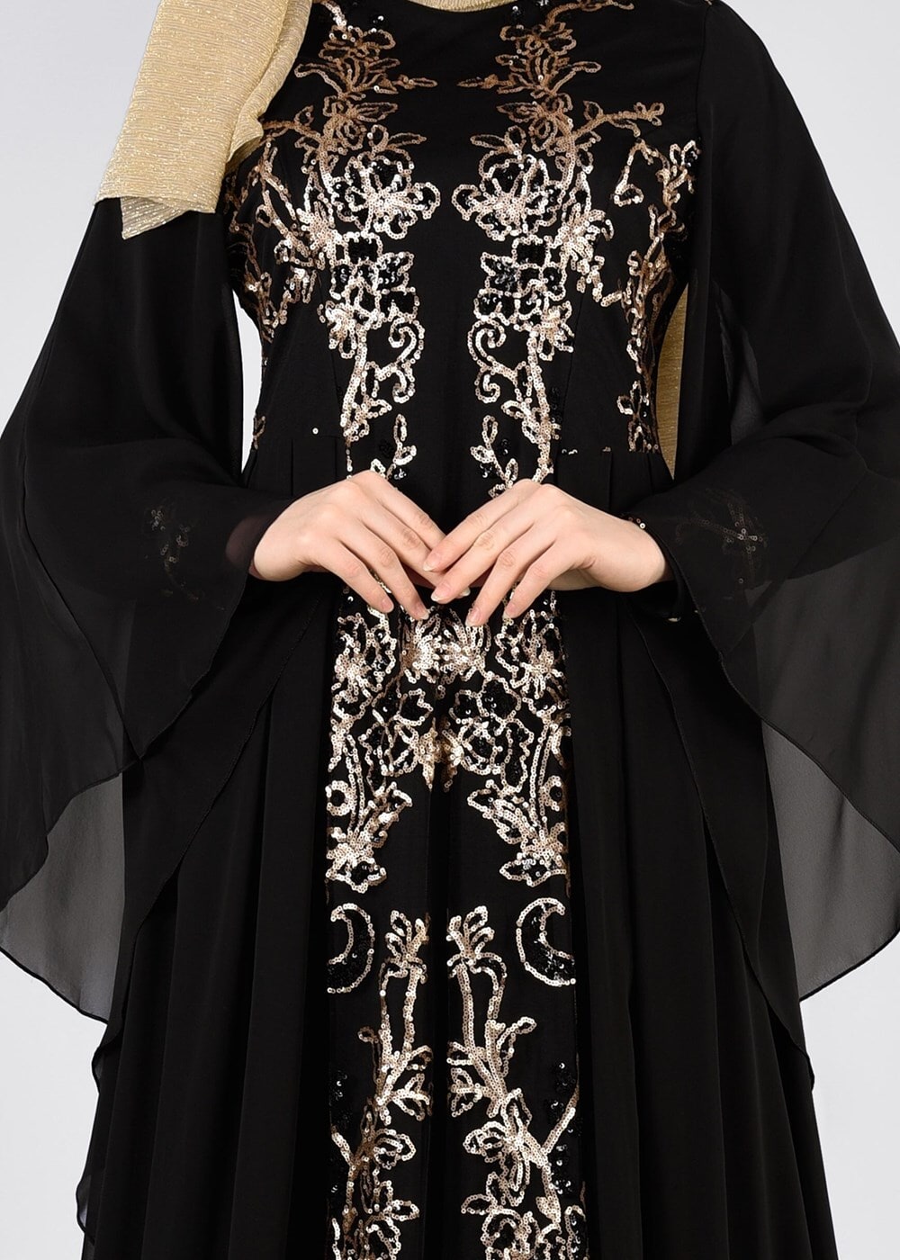 Tesettür giyim SİYAH SIRMA İŞLEMELİ MULTİ ŞİFON ABİYE ELBİSE 5384 
