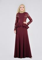 Tesettür giyim BORDO BEL KISMI VOLANLI PUL PAYET İŞLEME DETAYLI ABİYE ELBİSE 5387