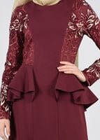 Tesettür giyim BORDO BEL KISMI VOLANLI PUL PAYET İŞLEME DETAYLI ABİYE ELBİSE 5387