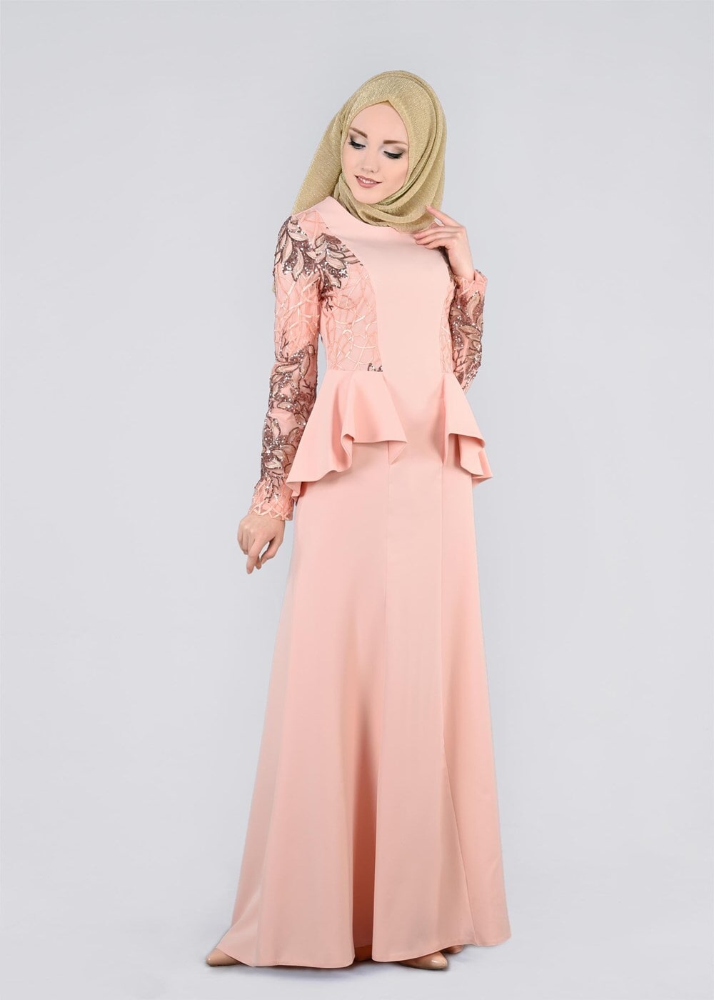 Tesettür giyim PUDRA BEL KISMI VOLANLI PUL PAYET İŞLEME DETAYLI ABİYE ELBİSE 5387