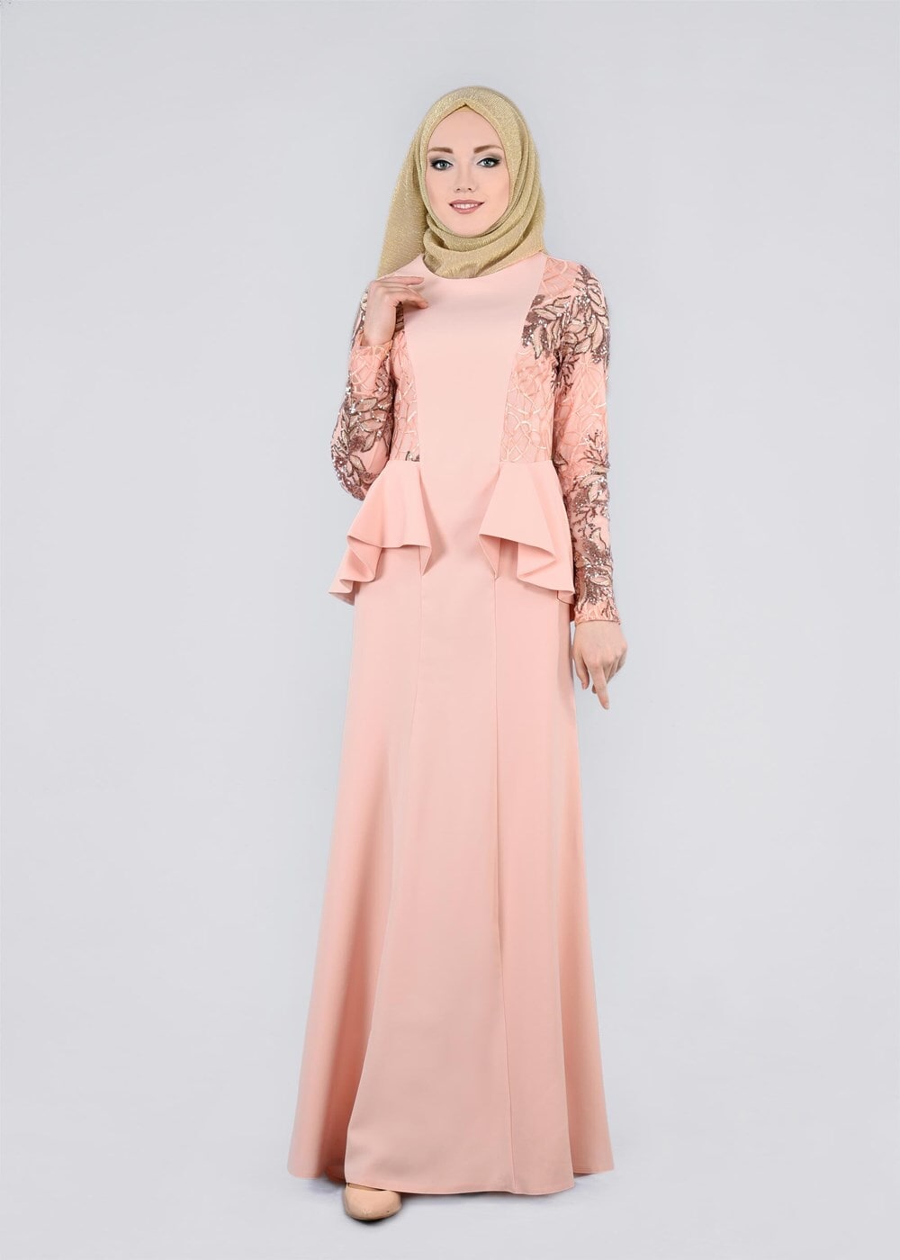 Tesettür giyim PUDRA BEL KISMI VOLANLI PUL PAYET İŞLEME DETAYLI ABİYE ELBİSE 5387