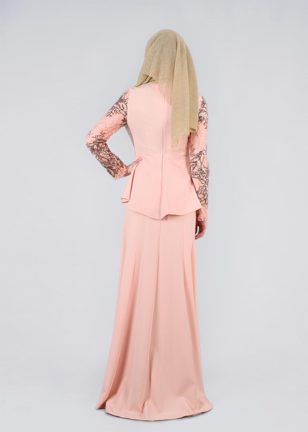 Tesettür giyim PUDRA BEL KISMI VOLANLI PUL PAYET İŞLEME DETAYLI ABİYE ELBİSE 5387