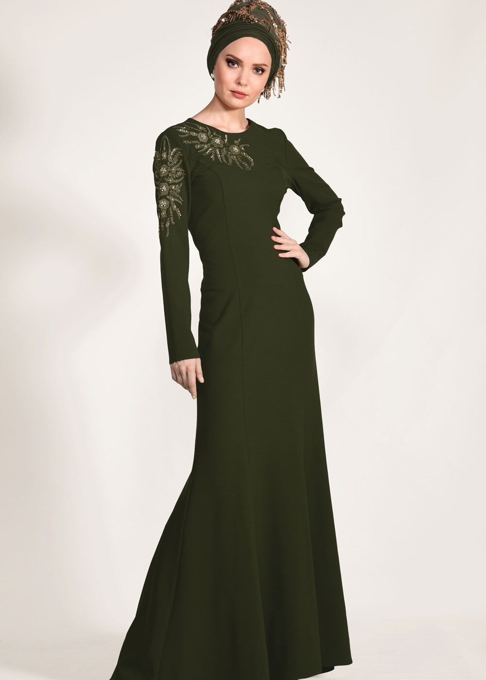 Tesettür giyim HAKİ ALVİNA BONCUK İŞLEMELİ ABİYE ELBİSE T 5399