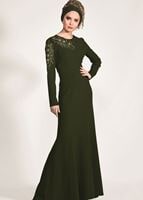 Tesettür giyim HAKİ ALVİNA BONCUK İŞLEMELİ ABİYE ELBİSE T 5399