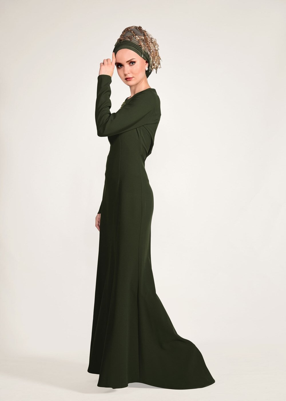 Tesettür giyim HAKİ ALVİNA BONCUK İŞLEMELİ ABİYE ELBİSE T 5399