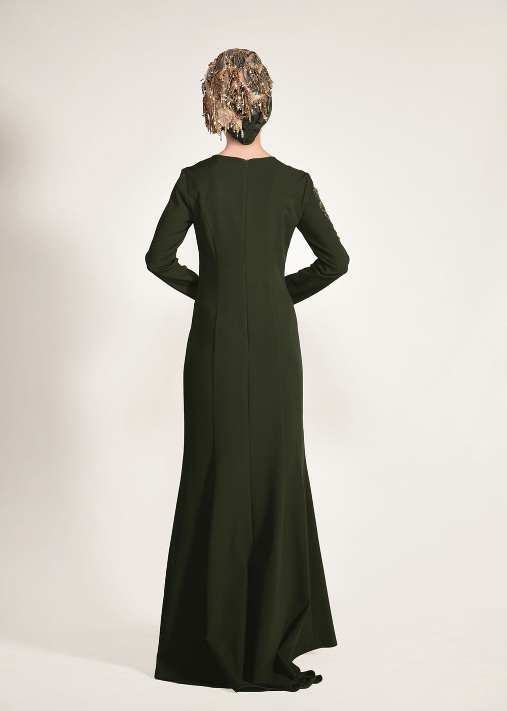 Tesettür giyim HAKİ ALVİNA BONCUK İŞLEMELİ ABİYE ELBİSE T 5399