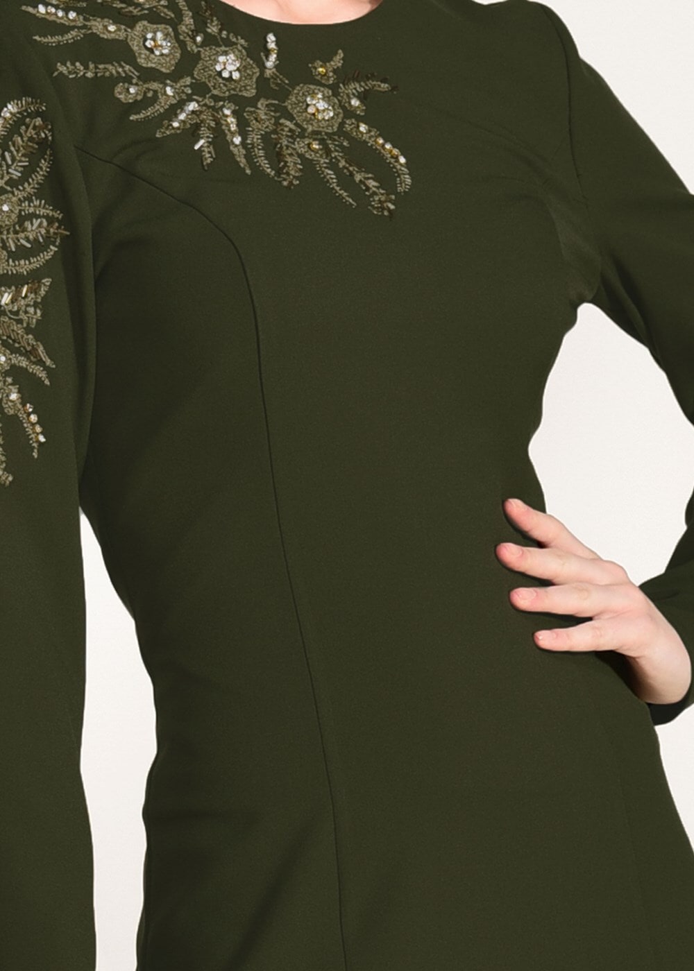Tesettür giyim HAKİ ALVİNA BONCUK İŞLEMELİ ABİYE ELBİSE T 5399