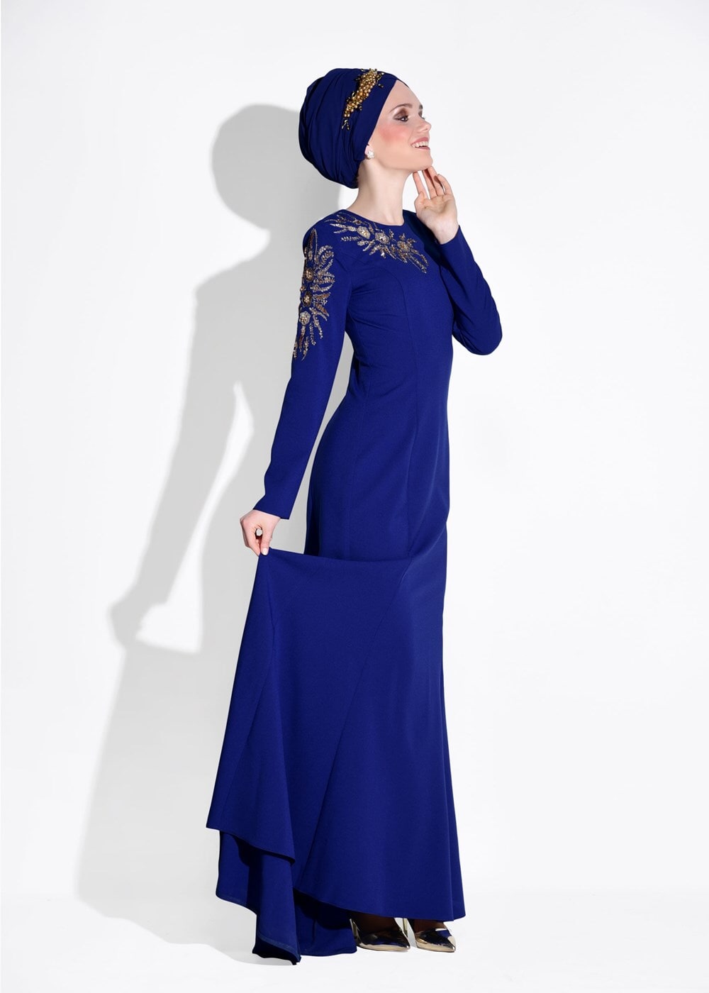 Tesettür giyim LACİVERT ALVİNA BONCUK İŞLEMELİ ABİYE ELBİSE T 5399