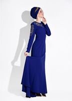 Tesettür giyim LACİVERT ALVİNA BONCUK İŞLEMELİ ABİYE ELBİSE T 5399