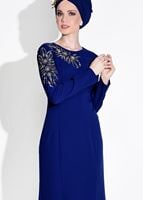 Tesettür giyim LACİVERT ALVİNA BONCUK İŞLEMELİ ABİYE ELBİSE T 5399