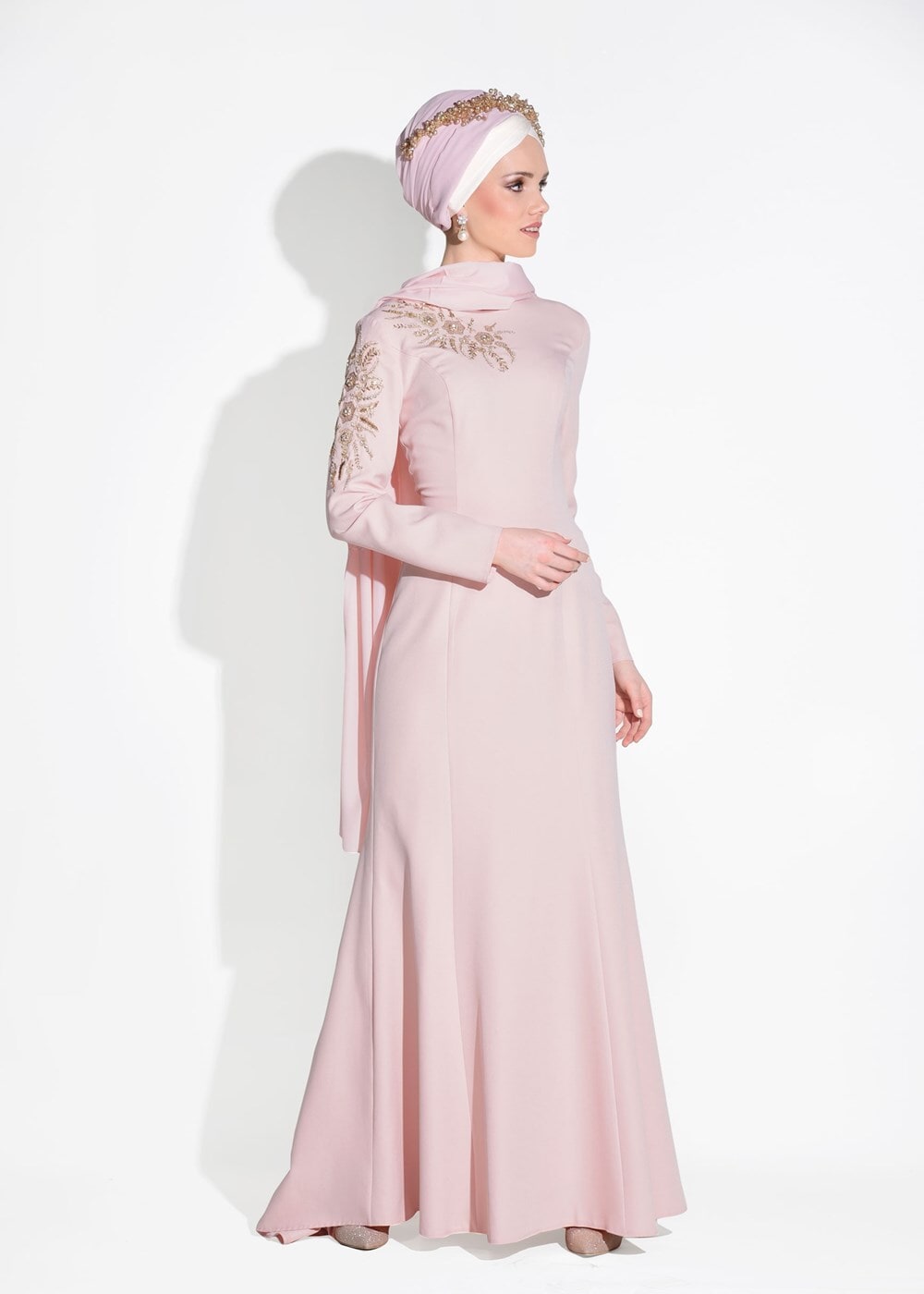 Tesettür giyim PUDRA ALVİNA BONCUK İŞLEMELİ ABİYE ELBİSE T 5399
