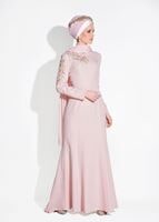 Tesettür giyim PUDRA ALVİNA BONCUK İŞLEMELİ ABİYE ELBİSE T 5399