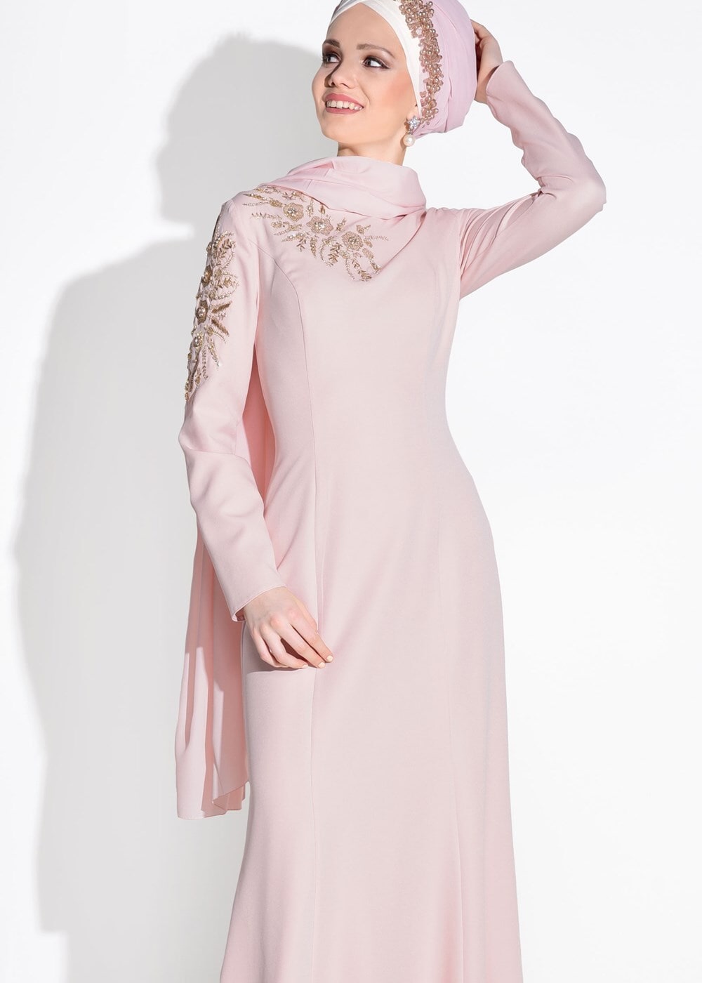 Tesettür giyim PUDRA ALVİNA BONCUK İŞLEMELİ ABİYE ELBİSE T 5399