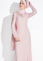 Tesettür giyim PUDRA ALVİNA BONCUK İŞLEMELİ ABİYE ELBİSE T 5399