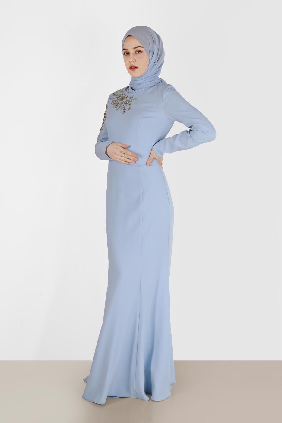 Tesettür giyim MAVİ ALVİNA BONCUK İŞLEMELİ ABİYE ELBİSE T 5399