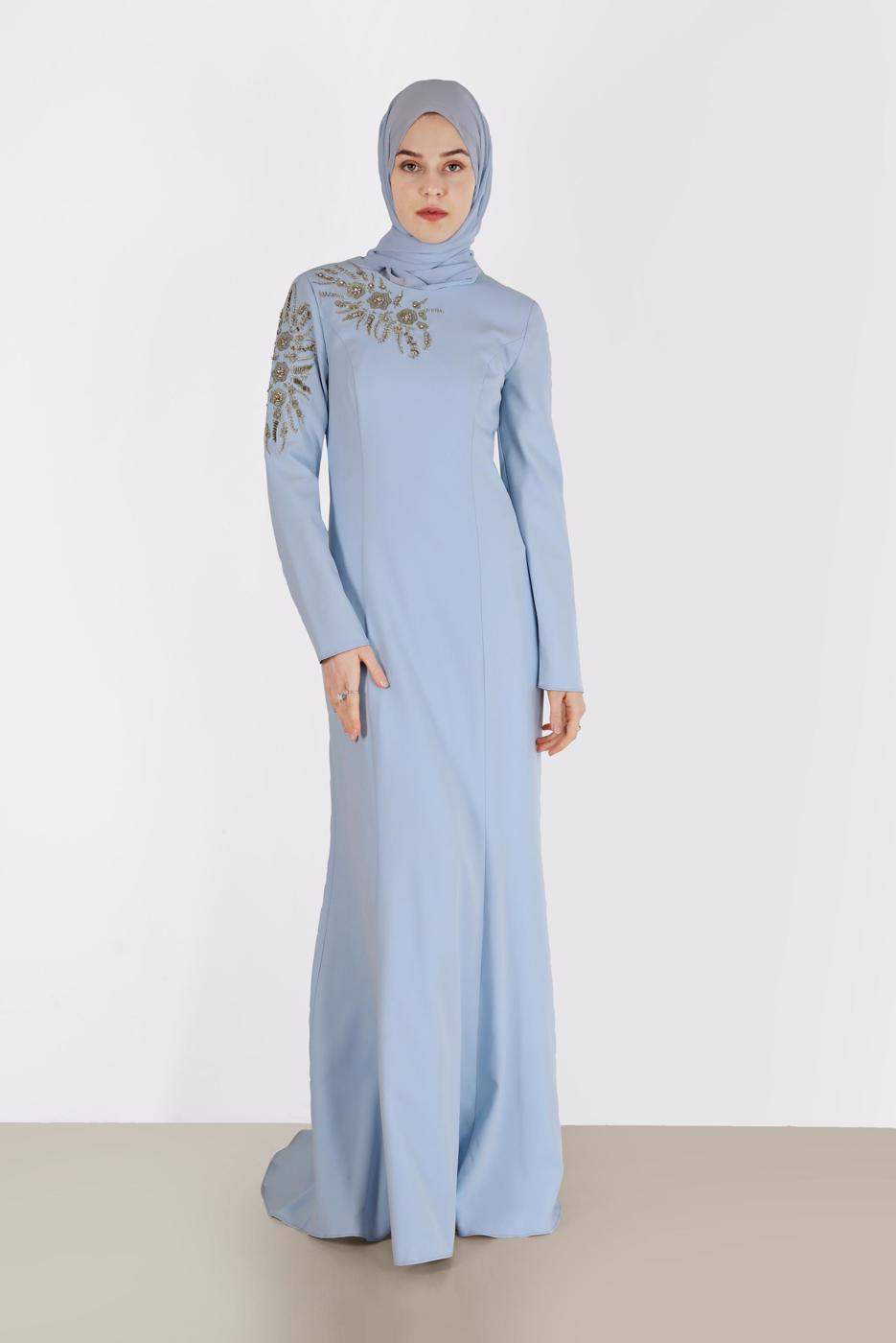 Tesettür giyim MAVİ ALVİNA BONCUK İŞLEMELİ ABİYE ELBİSE T 5399