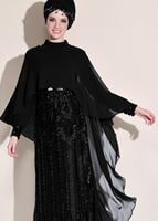Tesettür giyim SİYAH BELİ KEMERLİ 2&prime;Lİ ABİYE ELBİSE 5402 