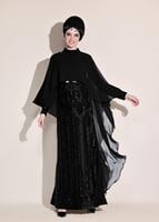 Tesettür giyim SİYAH BELİ KEMERLİ 2&prime;Lİ ABİYE ELBİSE 5402 