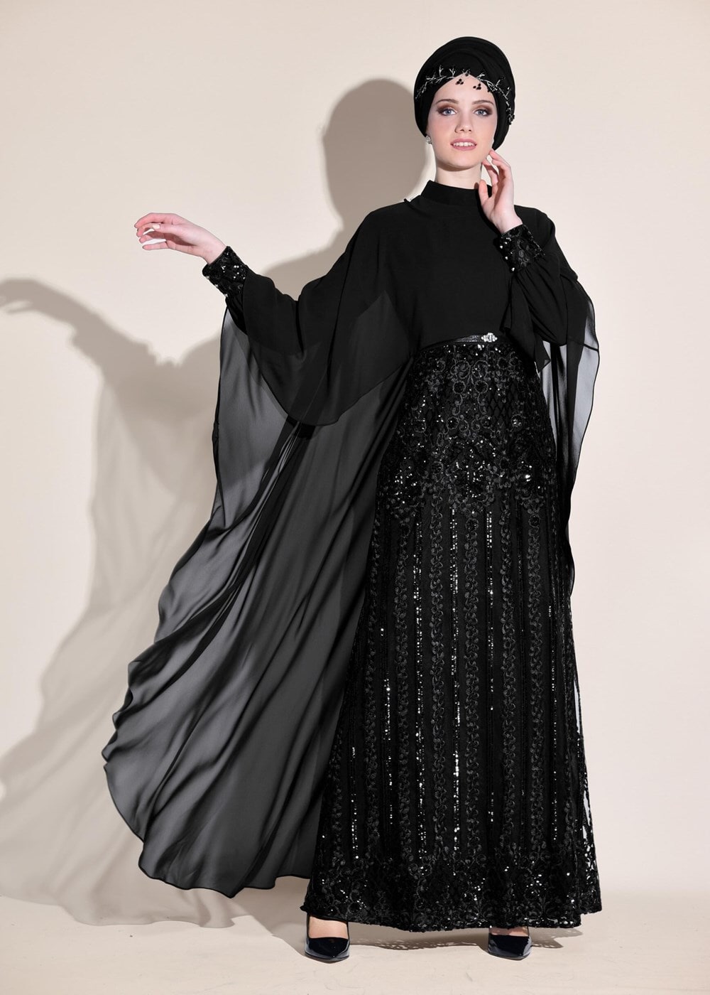 Tesettür giyim SİYAH BELİ KEMERLİ 2&prime;Lİ ABİYE ELBİSE 5402 