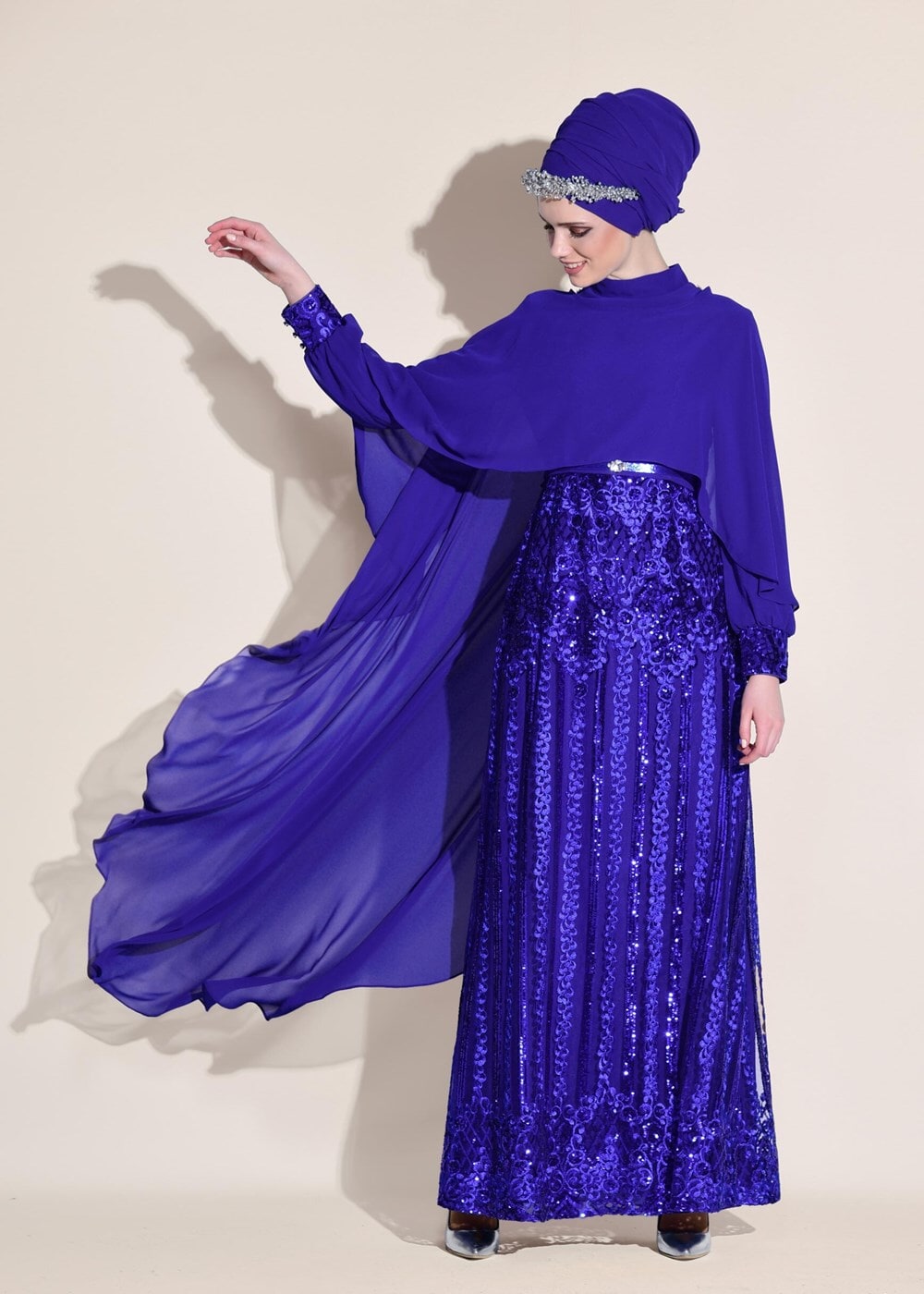 Tesettür giyim LACİVERT BELİ KEMERLİ 2&prime;Lİ ABİYE ELBİSE 5402 