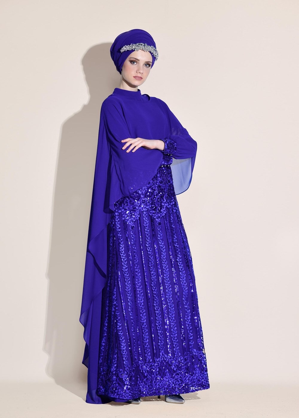 Tesettür giyim LACİVERT BELİ KEMERLİ 2&prime;Lİ ABİYE ELBİSE 5402 