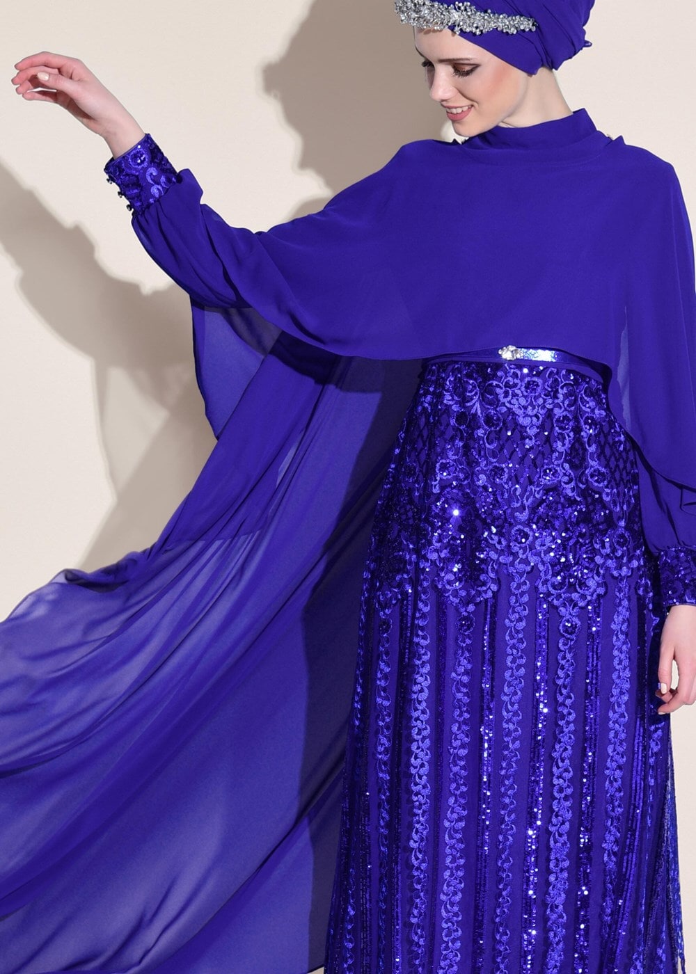 Tesettür giyim LACİVERT BELİ KEMERLİ 2&prime;Lİ ABİYE ELBİSE 5402 