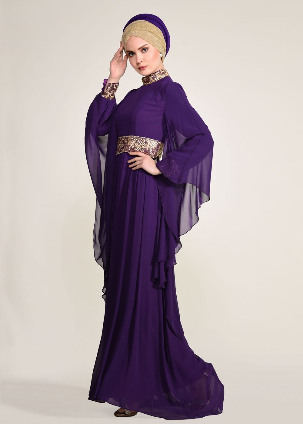 Tesettür giyim MOR KOLLARI VOLANLI HAKİM YAKA MULTİ ŞİFON ABİYE ELBİSE 5410