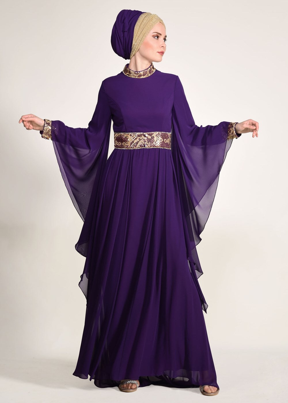 Tesettür giyim MOR KOLLARI VOLANLI HAKİM YAKA MULTİ ŞİFON ABİYE ELBİSE 5410