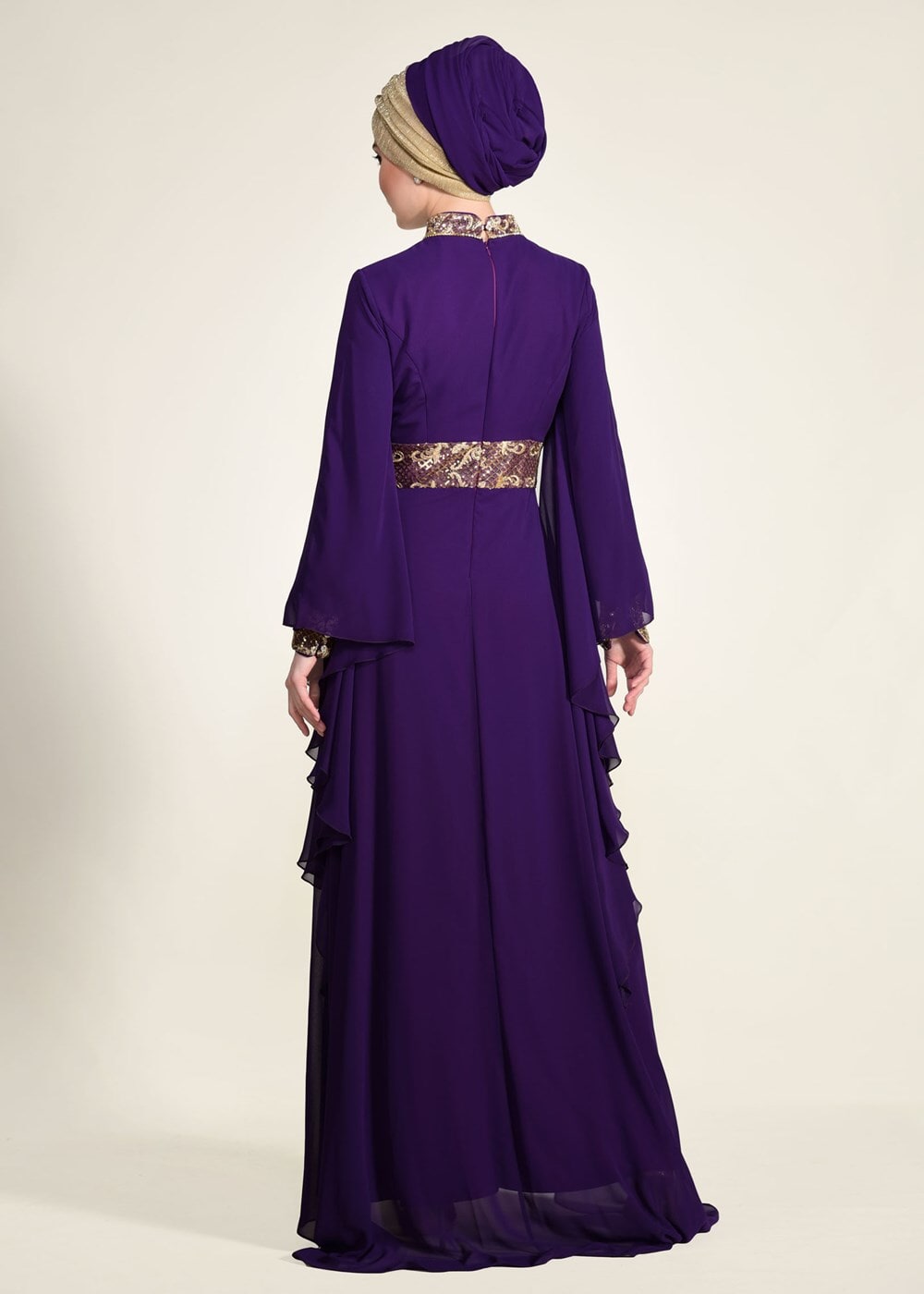 Tesettür giyim MOR KOLLARI VOLANLI HAKİM YAKA MULTİ ŞİFON ABİYE ELBİSE 5410