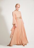 Tesettür giyim PEMBE KOLLARI VOLANLI HAKİM YAKA MULTİ ŞİFON ABİYE ELBİSE 5410