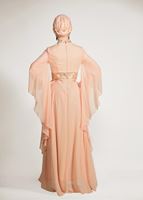 Tesettür giyim PEMBE KOLLARI VOLANLI HAKİM YAKA MULTİ ŞİFON ABİYE ELBİSE 5410