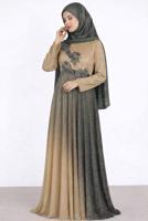Tesettür giyim BEJ ALVİNA TAŞ DETAYLI ABİYE ELBİSE T 5425